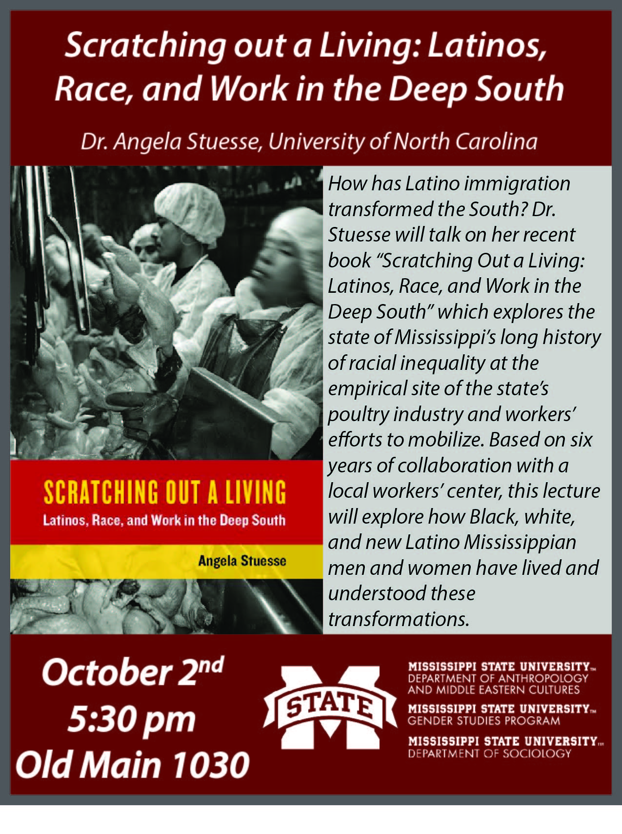 Dr. Angela Stuesse (University of North Carolina) to give talk entitled "Scratching out a Living: Latinos, Race, and Work in the Deep South" Flyer